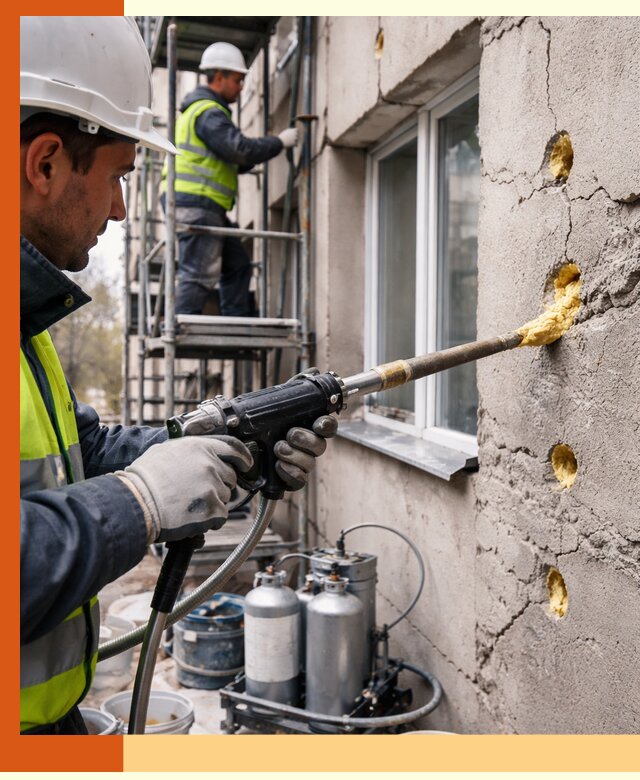 Заполнение пустот в фасаде и утепление стен в Люберцах